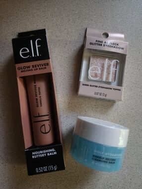 elf 3pc BUNDLE - Melting Lip Balm, Glitter Eyeshadow & Cleansing Balm